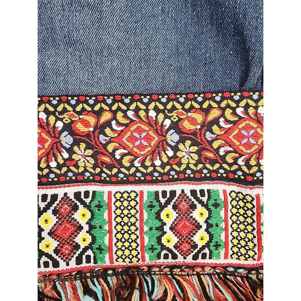 Womens 12 Navajo Style Button Zipper Denim Skirt Casual Embroidered Fringe Boho - Picture 3 of 8